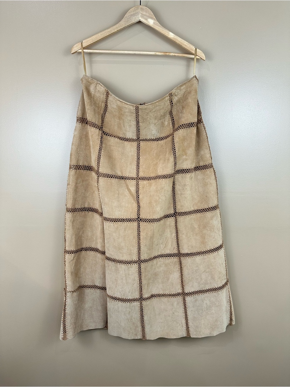 Vtg Bagatelle Genuine Tan Suede Leather Patchwork Maxi Skirt Boho Festival Sz 18